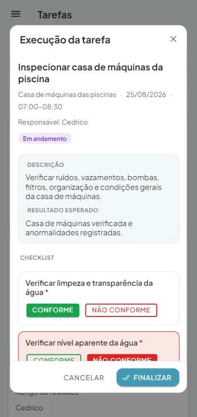 Execução de uma tarefa no app do operador, com o checklist aberto